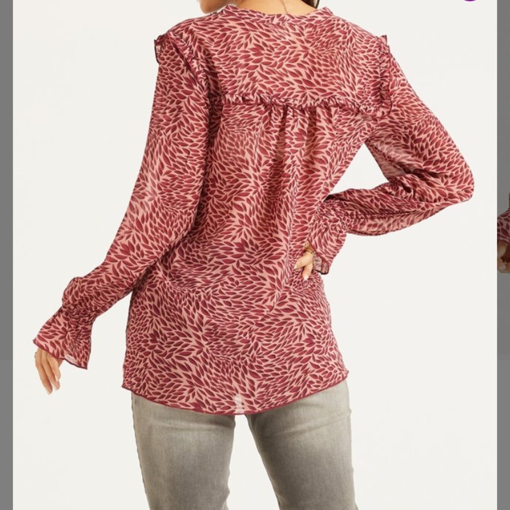 Pink Abstract Ruffle Accent Notch Neck Top, M - Picture 3 of 3